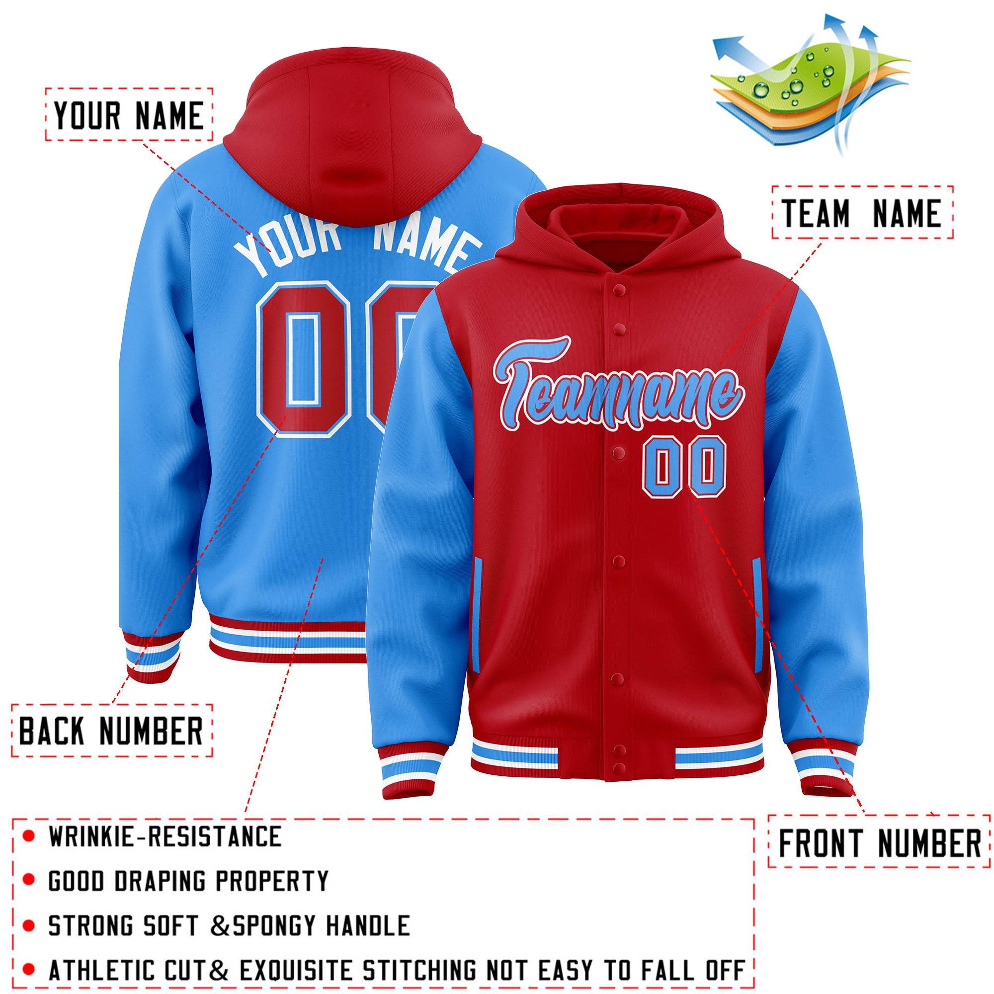 Custom Red Powder Blue Raglan Sleeves Varsity Full-Snap Letterman Two Tone Hoodie Jacket