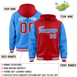 Custom Red Powder Blue Raglan Sleeves Varsity Full-Snap Letterman Two Tone Hoodie Jacket