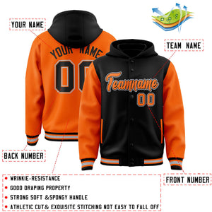 Custom Black Orange Raglan Sleeves Varsity Full-Snap Letterman Two Tone Hoodie Jacket