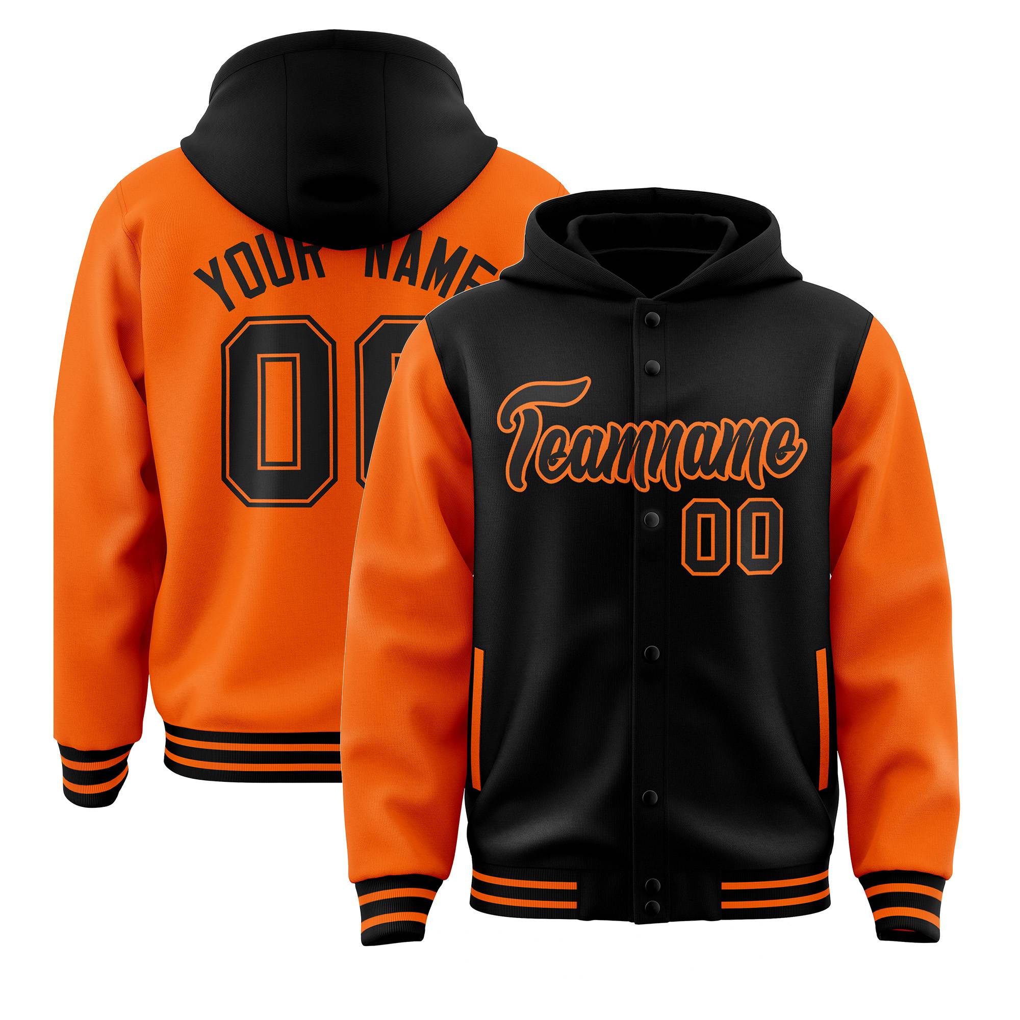 Custom Black Orange Raglan Sleeves Varsity Full-Snap Letterman Two Tone Hoodie Jacket