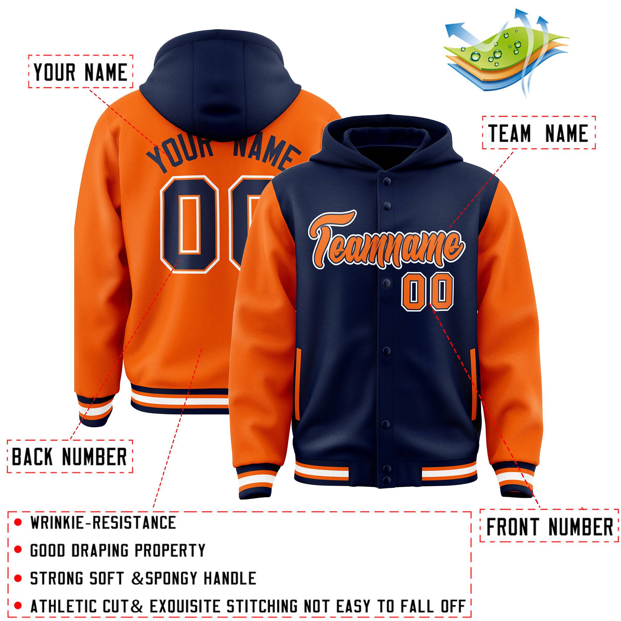 Custom Navy Orange Raglan Sleeves Varsity Full-Snap Letterman Two Tone Hoodie Jacket