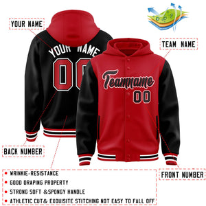 Custom Red Black Raglan Sleeves Varsity Full-Snap Letterman Two Tone Hoodie Jacket