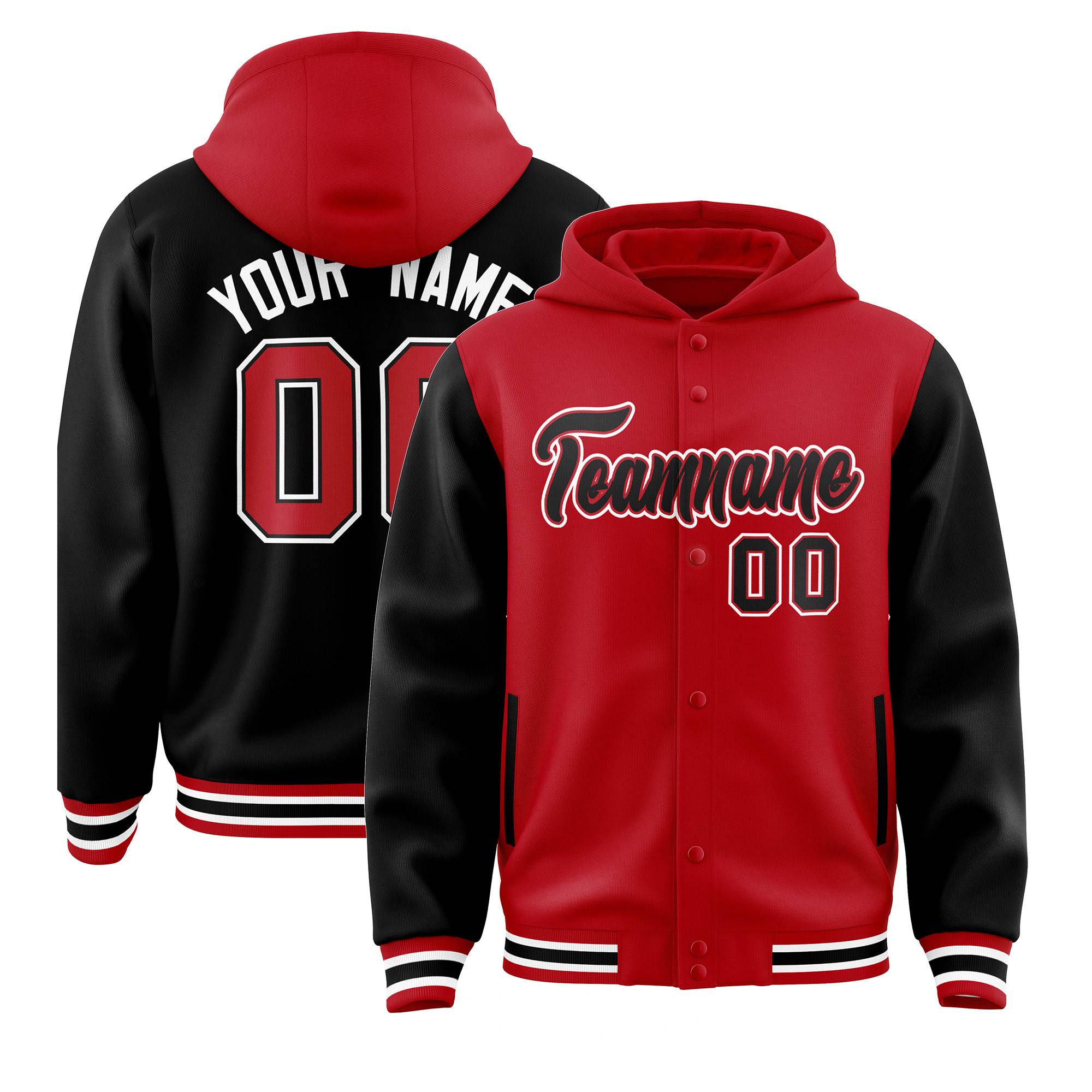 Custom Red Black Raglan Sleeves Varsity Full-Snap Letterman Two Tone Hoodie Jacket