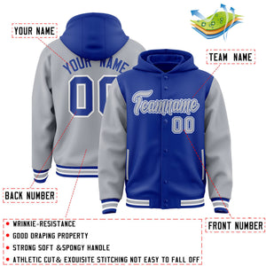 Custom Royal Gray Raglan Sleeves Varsity Full-Snap Letterman Two Tone Hoodie Jacket