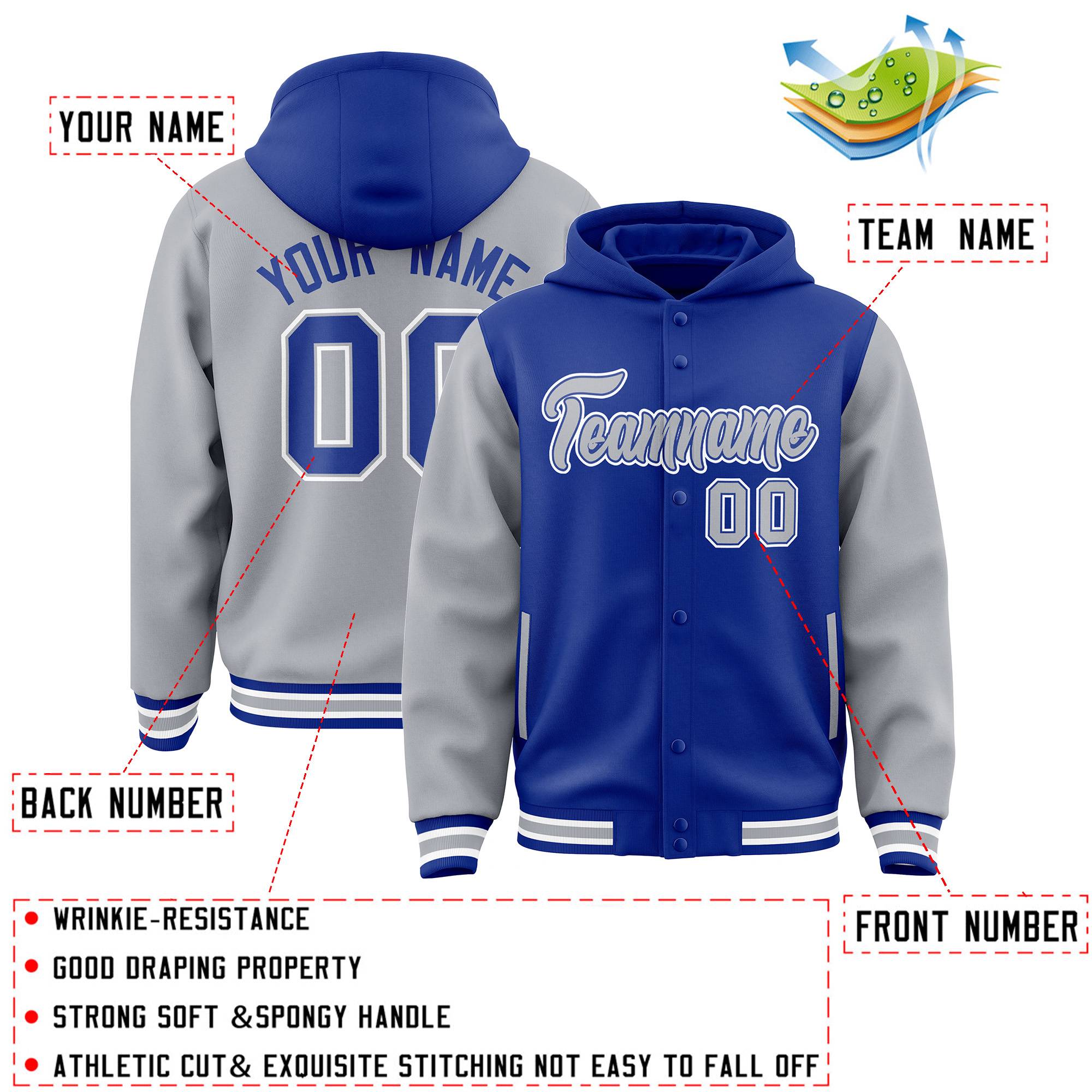 Custom Royal Gray Raglan Sleeves Varsity Full-Snap Letterman Two Tone Hoodie Jacket