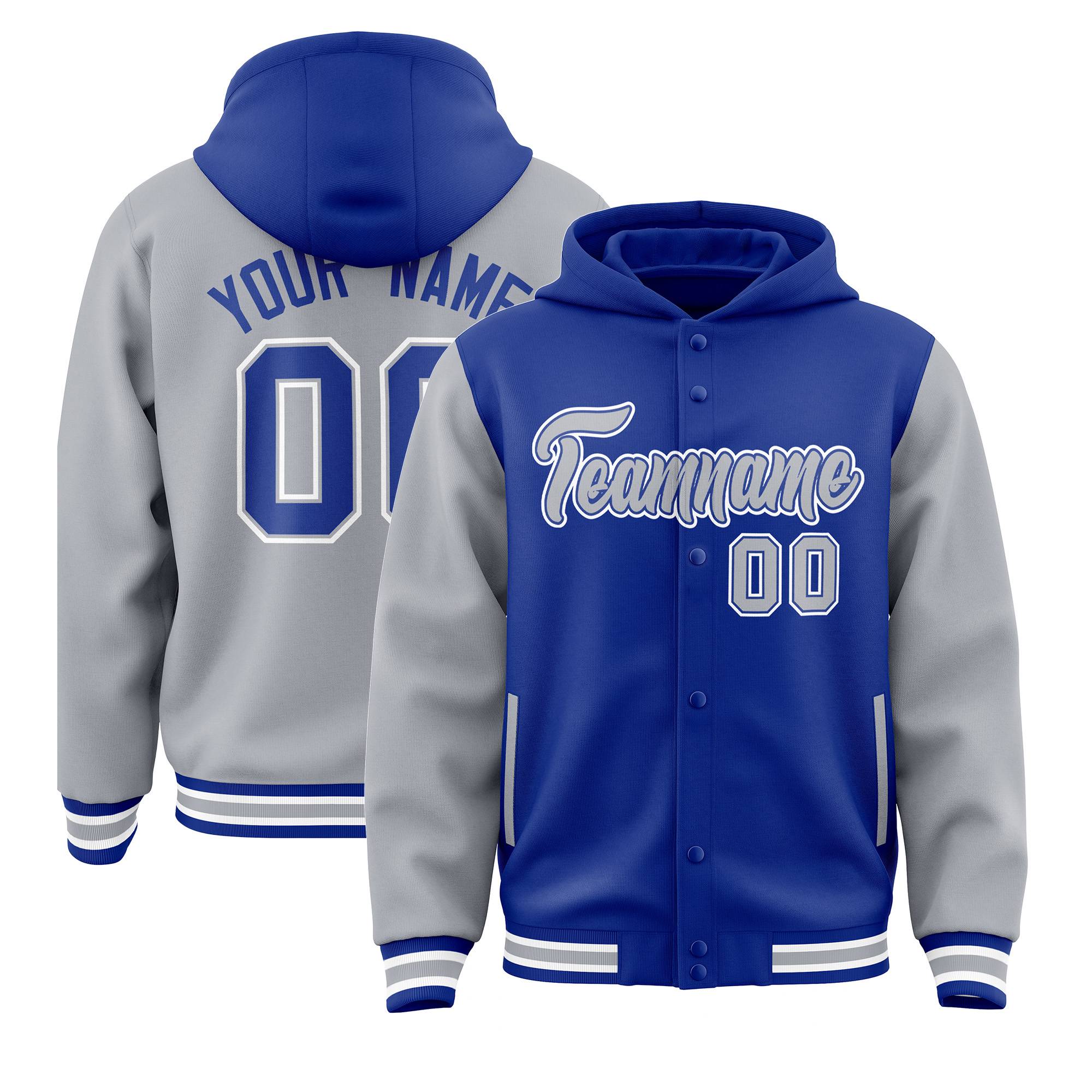 Custom Royal Gray Raglan Sleeves Varsity Full-Snap Letterman Two Tone Hoodie Jacket