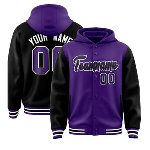 Custom Purple Black Raglan Sleeves Varsity Full-Snap Letterman Two Tone Hoodie Jacket