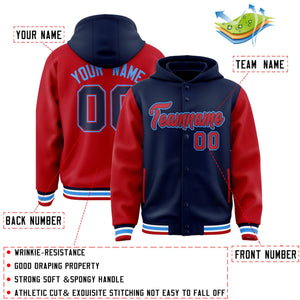 Custom Navy Red Raglan Sleeves Varsity Full-Snap Letterman Two Tone Hoodie Jacket