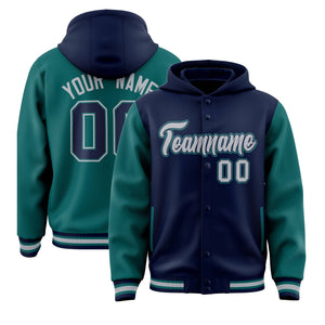 Custom Navy Aqua Raglan Sleeves Varsity Full-Snap Letterman Two Tone Hoodie Jacket