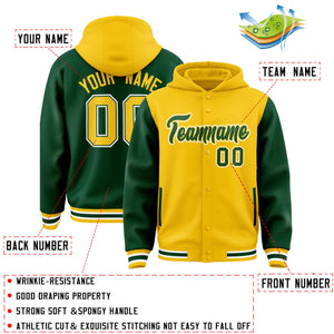 Custom Gold Green Raglan Sleeves Varsity Full-Snap Letterman Two Tone Hoodie Jacket