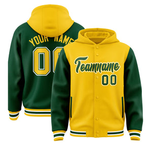 Custom Gold Green Raglan Sleeves Varsity Full-Snap Letterman Two Tone Hoodie Jacket