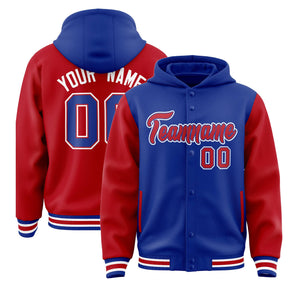 Custom Royal Red Raglan Sleeves Varsity Full-Snap Letterman Two Tone Hoodie Jacket