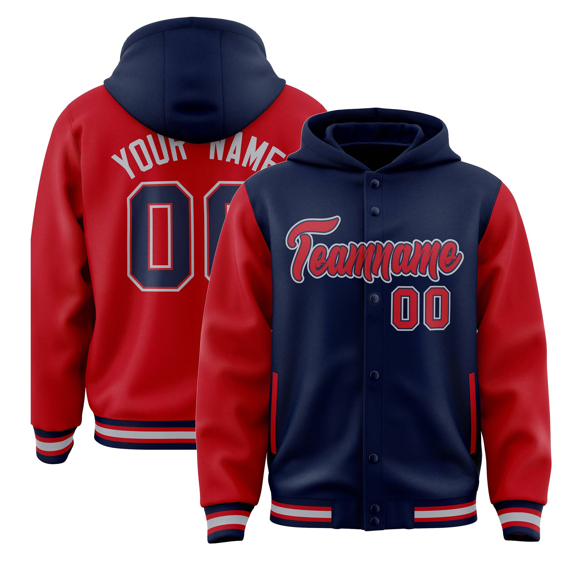 Custom Navy Red Raglan Sleeves Varsity Full-Snap Letterman Two Tone Hoodie Jacket