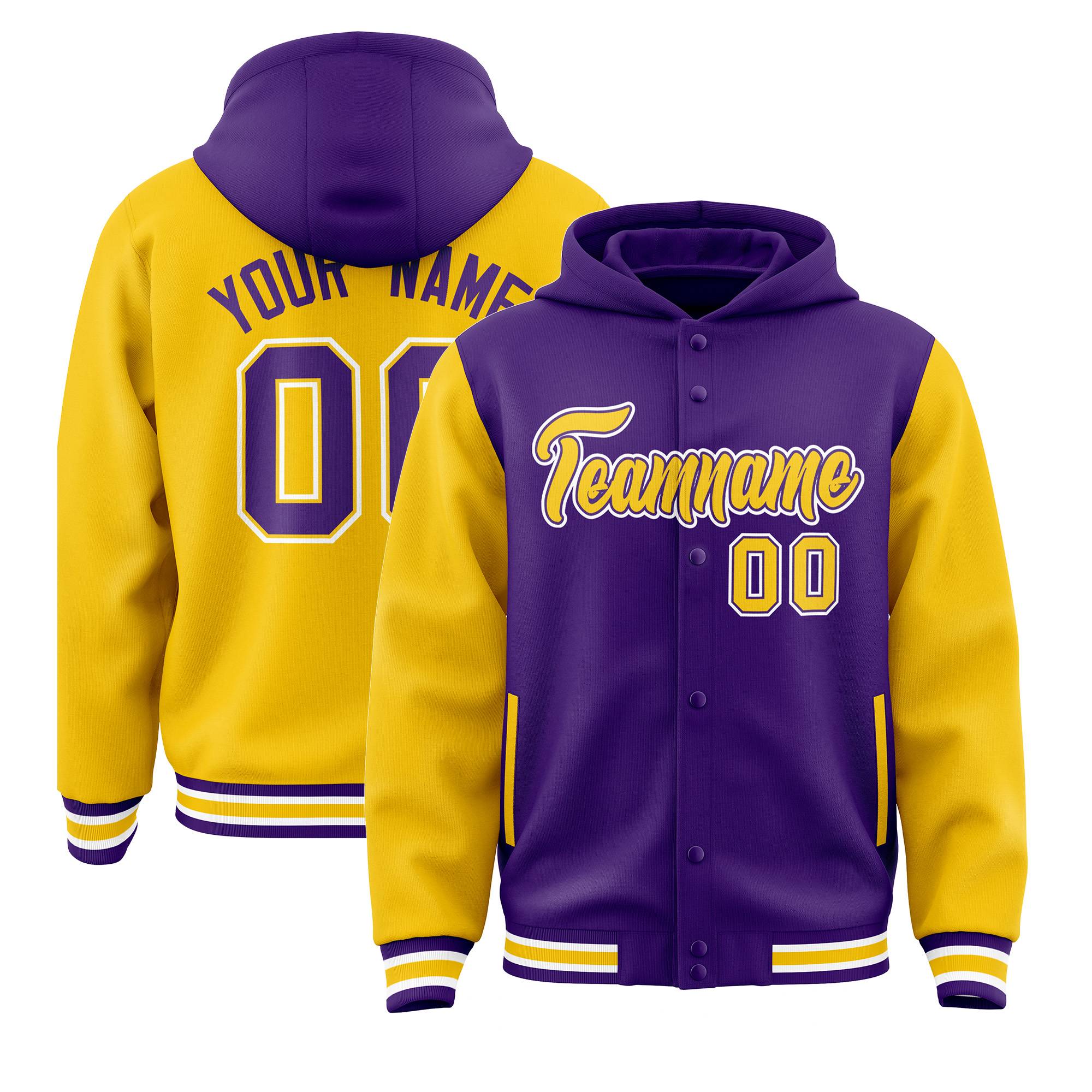 Custom Purple Gold Raglan Sleeves Varsity Full-Snap Letterman Two Tone Hoodie Jacket