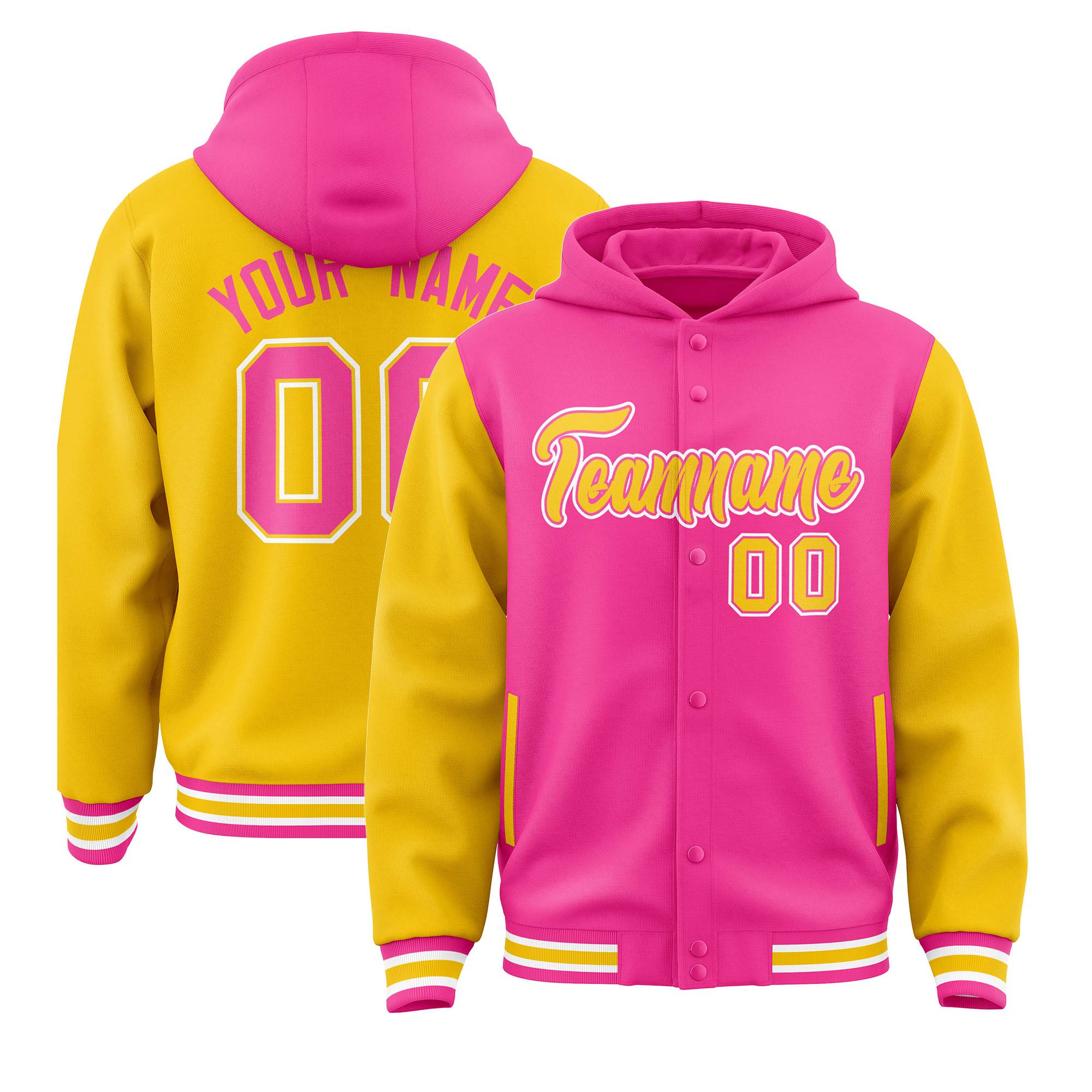 Custom Pink Gold Raglan Sleeves Varsity Full-Snap Letterman Two Tone Hoodie Jacket