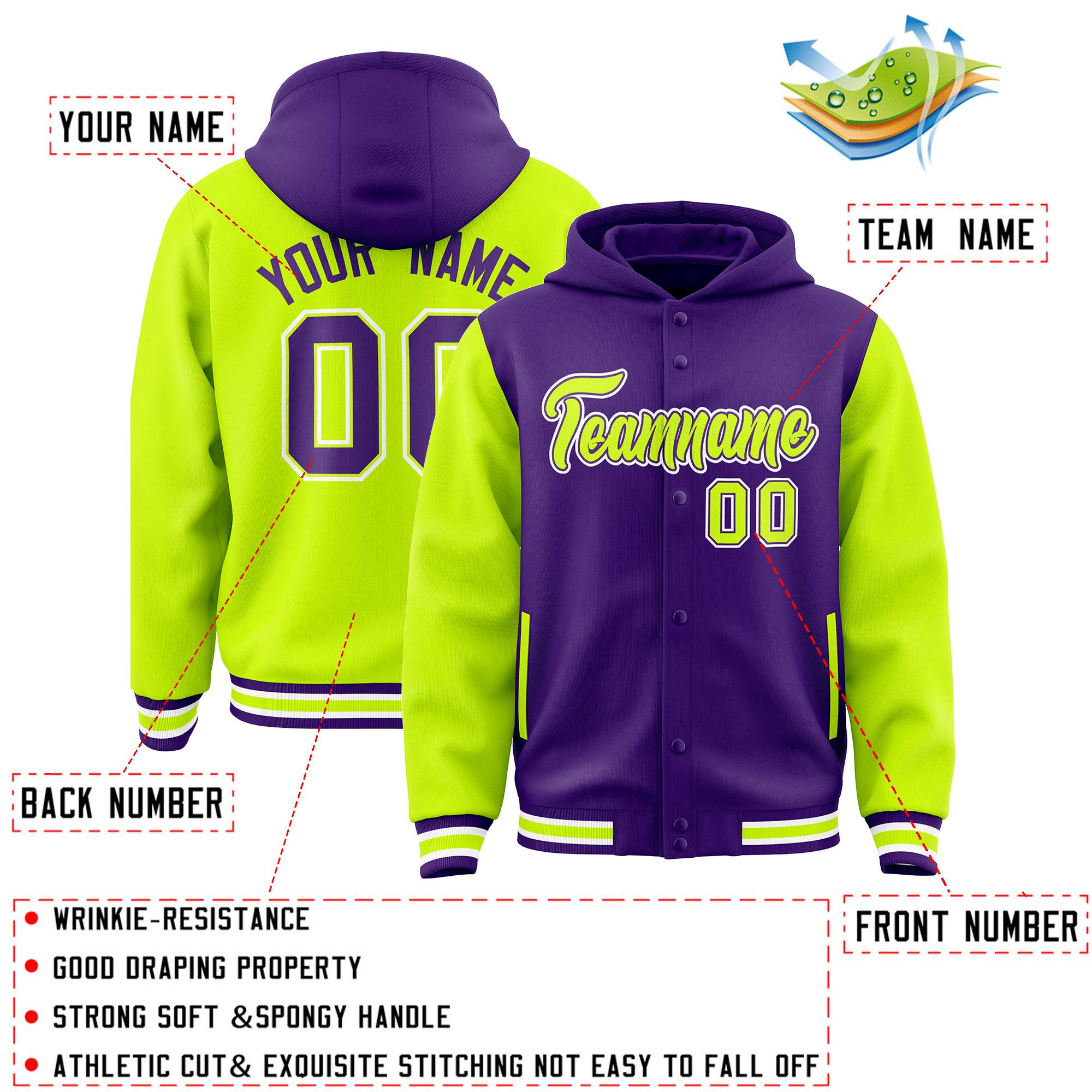 Custom Purple Neon Green Raglan Sleeves Varsity Full-Snap Letterman Two Tone Hoodie Jacket