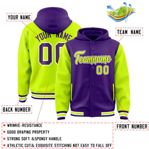 Custom Purple Neon Green Raglan Sleeves Varsity Full-Snap Letterman Two Tone Hoodie Jacket