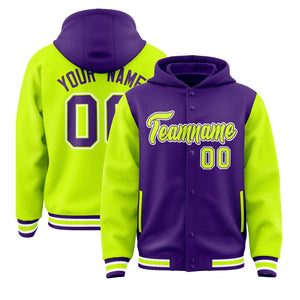 Custom Purple Neon Green Raglan Sleeves Varsity Full-Snap Letterman Two Tone Hoodie Jacket