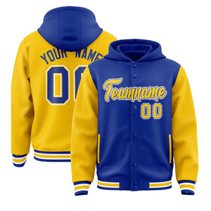 Custom Royal Gold Raglan Sleeves Varsity Full-Snap Letterman Two Tone Hoodie Jacket