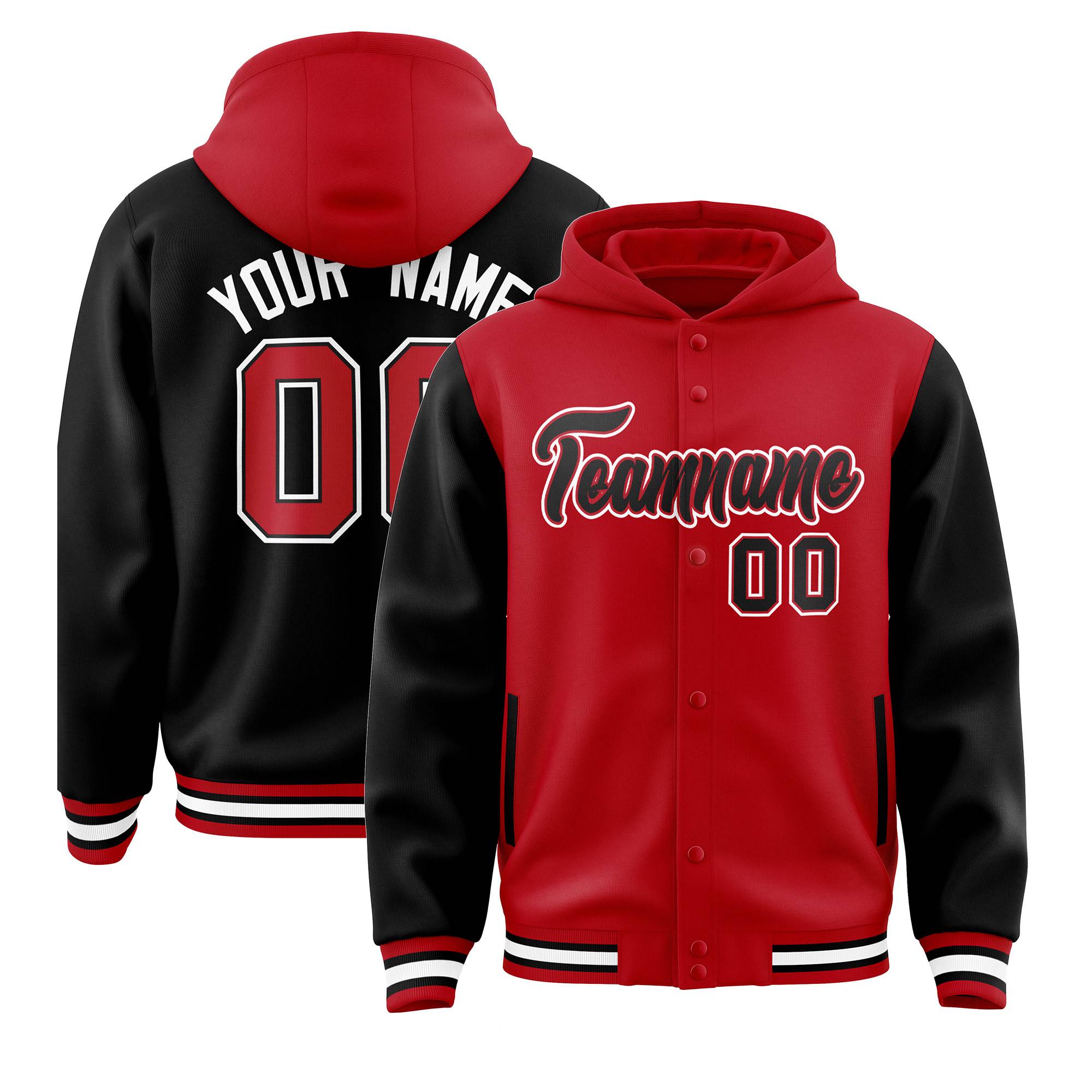 Custom Red Black Raglan Sleeves Varsity Full-Snap Letterman Two Tone Hoodie Jacket