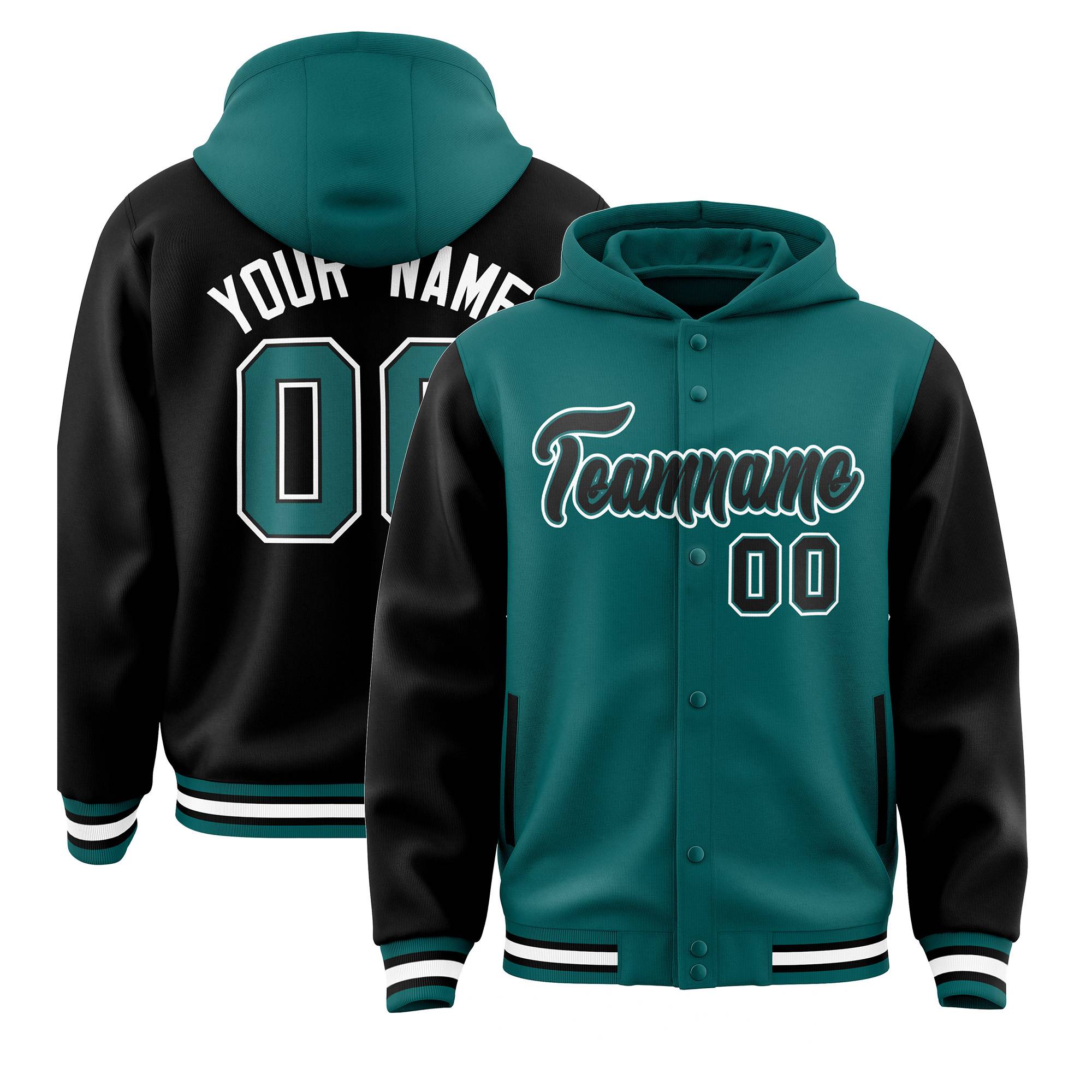 Custom Aqua Black Raglan Sleeves Varsity Full-Snap Letterman Two Tone Hoodie Jacket