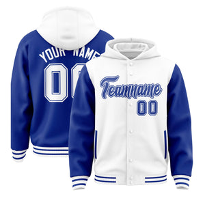 Custom White Royal Raglan Sleeves Varsity Full-Snap Letterman Two Tone Hoodie Jacket