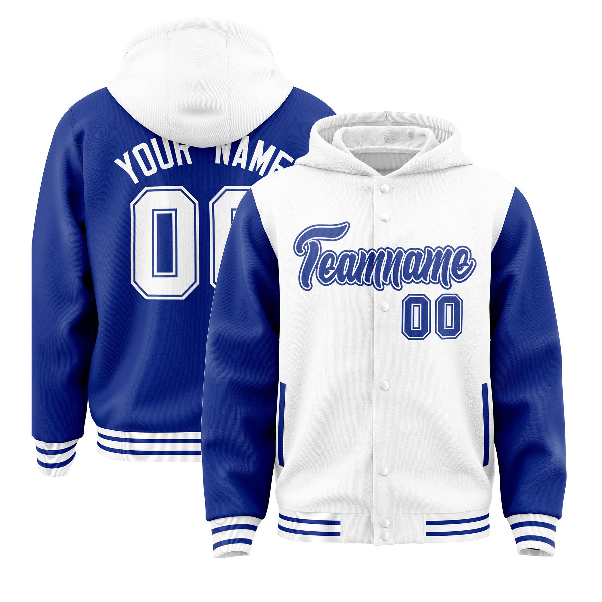 Custom White Royal Raglan Sleeves Varsity Full-Snap Letterman Two Tone Hoodie Jacket