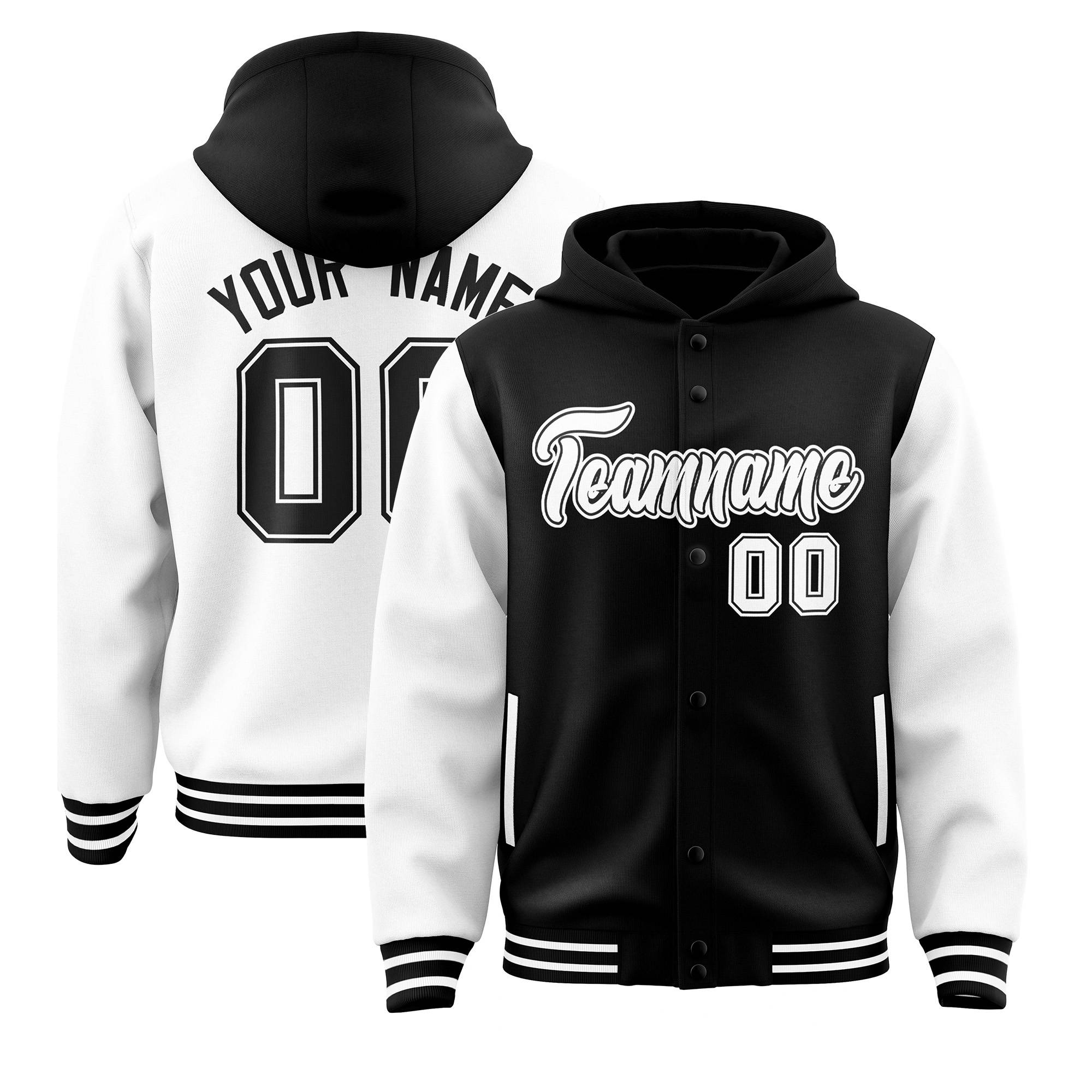 Custom Black White Raglan Sleeves Varsity Full-Snap Letterman Two Tone Hoodie Jacket