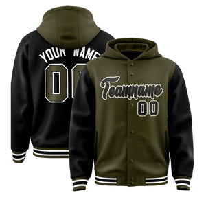 Custom Olive Black Raglan Sleeves Varsity Full-Snap Letterman Two Tone Hoodie Jacket