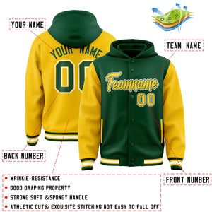 Custom Green Gold Raglan Sleeves Varsity Full-Snap Letterman Two Tone Hoodie Jacket