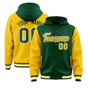 Custom Green Gold Raglan Sleeves Varsity Full-Snap Letterman Two Tone Hoodie Jacket