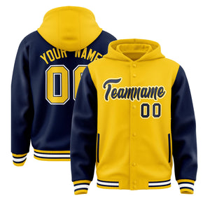 Custom Gold Navy Raglan Sleeves Varsity Full-Snap Letterman Two Tone Hoodie Jacket