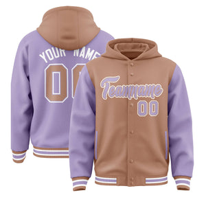 Custom Light Brown Light Purple Raglan Sleeves Varsity Full-Snap Letterman Two Tone Hoodie Jacket