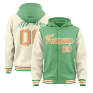 Custom Green Cream Raglan Sleeves Varsity Full-Snap Letterman Two Tone Hoodie Jacket