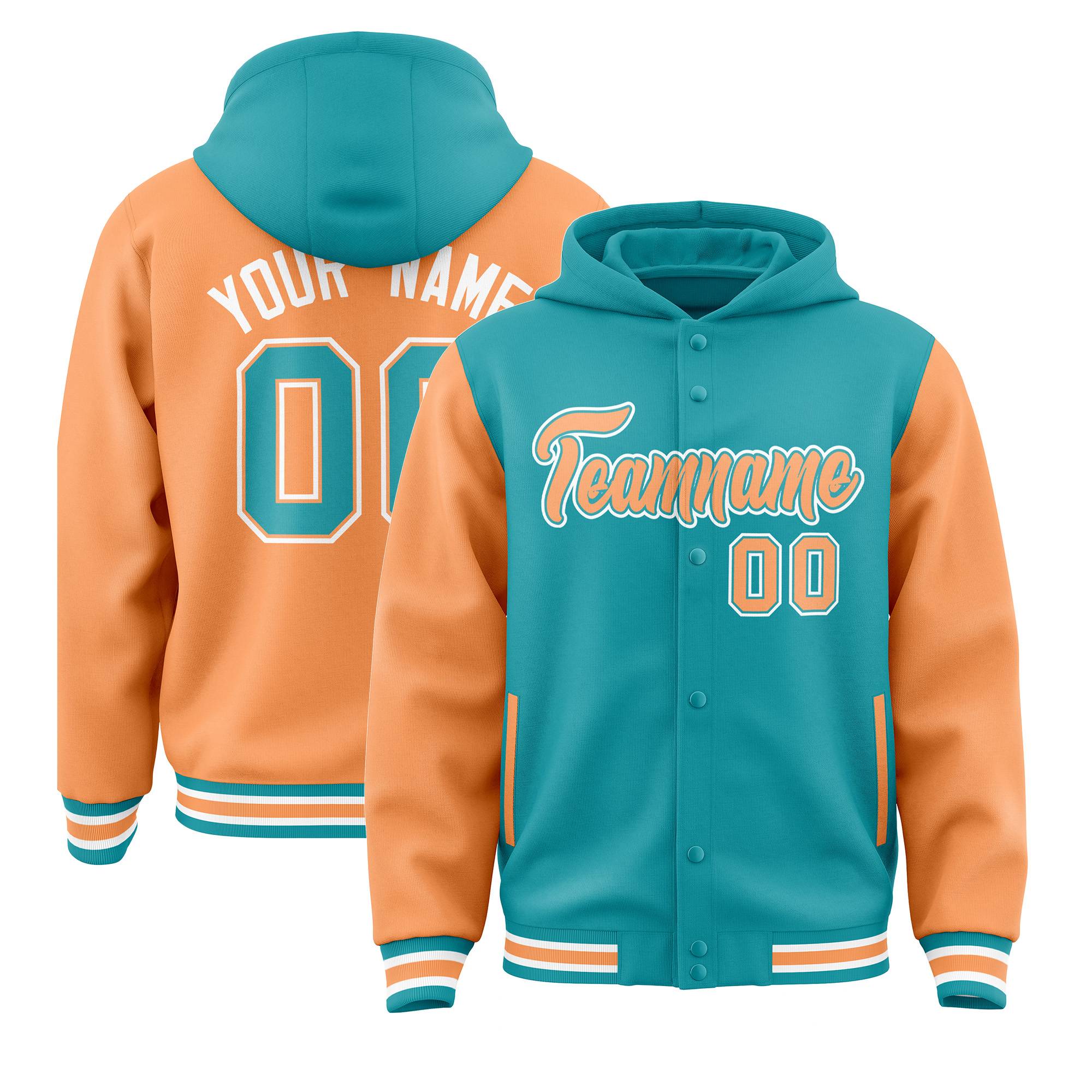 Custom Aqua Orange Raglan Sleeves Varsity Full-Snap Letterman Two Tone Hoodie Jacket