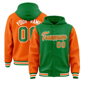 Custom Kelly Green Orange Raglan Sleeves Varsity Full-Snap Letterman Two Tone Hoodie Jacket