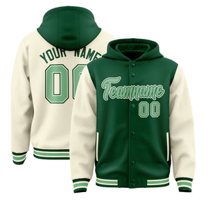 Custom Green Cream Raglan Sleeves Varsity Full-Snap Letterman Two Tone Hoodie Jacket