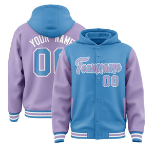 Custom Powder Blue Light Purple Raglan Sleeves Varsity Full-Snap Letterman Two Tone Hoodie Jacket