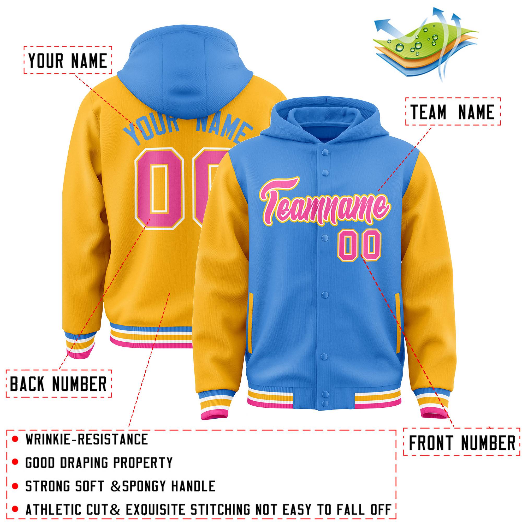 Custom Powder Blue Gold Raglan Sleeves Varsity Full-Snap Letterman Two Tone Hoodie Jacket