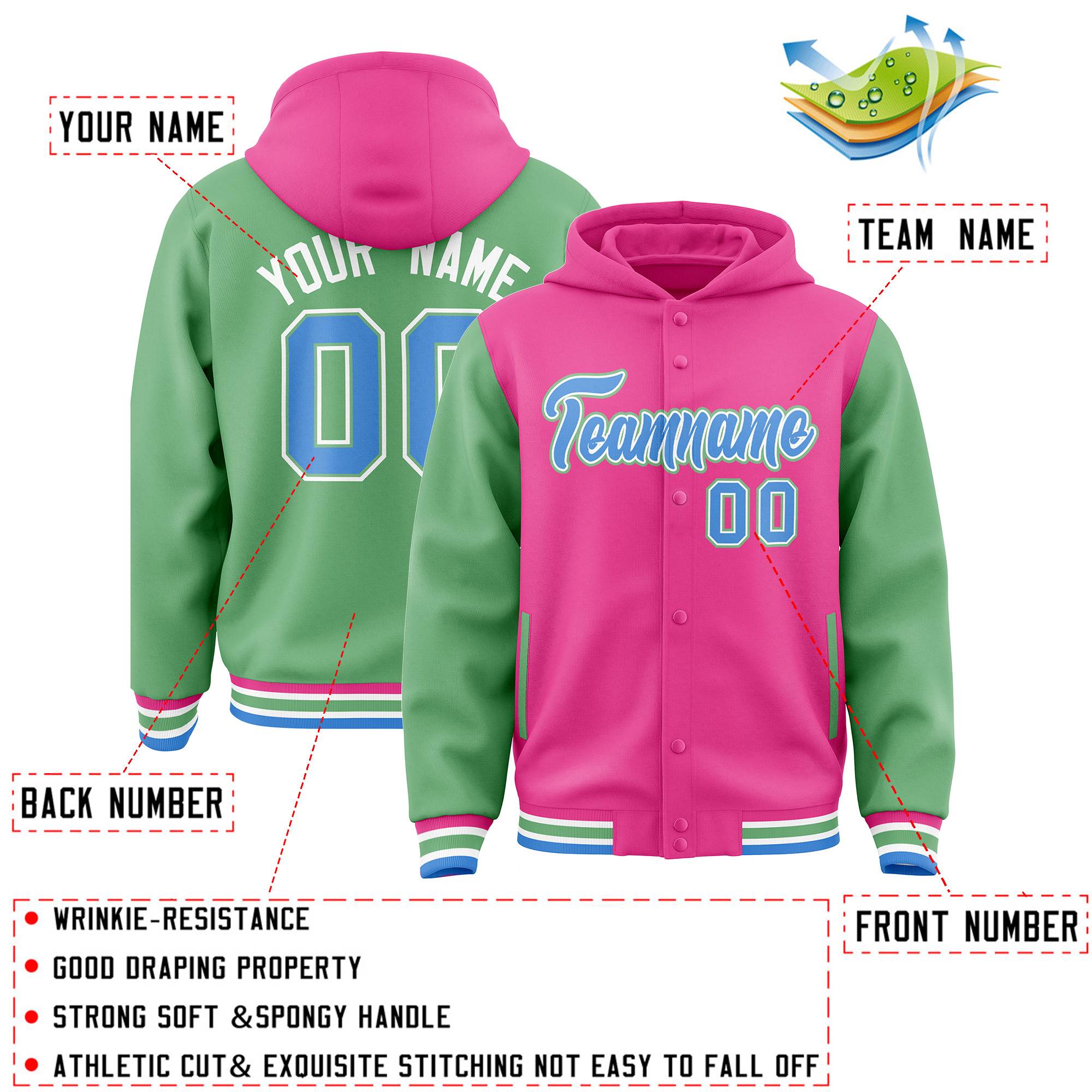 Custom Pink Green Raglan Sleeves Varsity Full-Snap Letterman Two Tone Hoodie Jacket