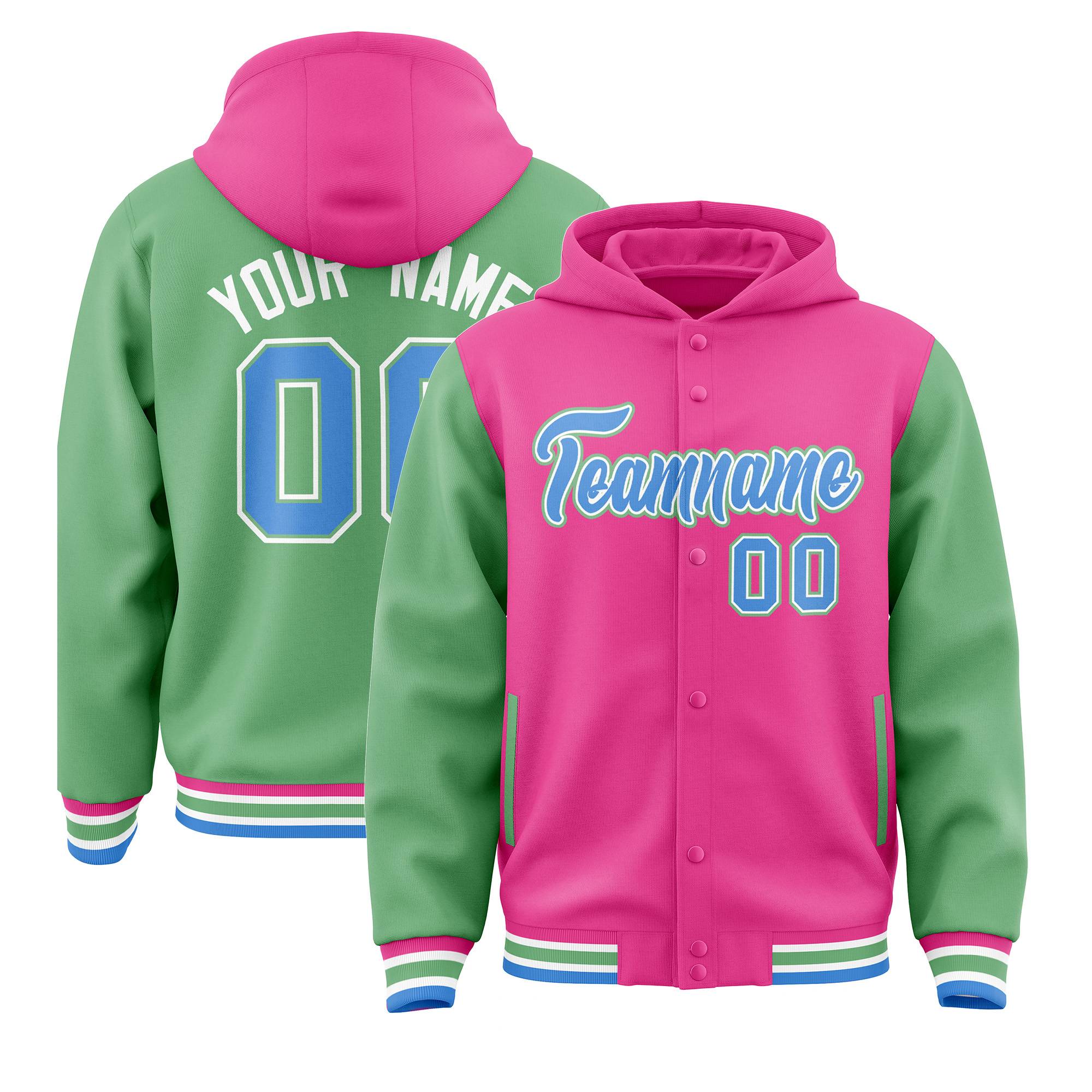 Custom Pink Green Raglan Sleeves Varsity Full-Snap Letterman Two Tone Hoodie Jacket