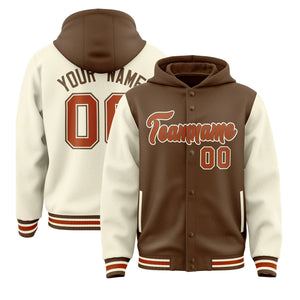 Custom Light Brown Cream Raglan Sleeves Varsity Full-Snap Letterman Two Tone Hoodie Jacket