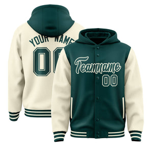 Custom Midnight Green Cream Raglan Sleeves Varsity Full-Snap Letterman Two Tone Hoodie Jacket