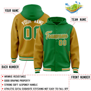 Custom Kelly Green Old Gold Raglan Sleeves Varsity Full-Snap Letterman Two Tone Hoodie Jacket