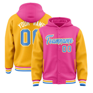 Custom Pink Gold Raglan Sleeves Varsity Full-Snap Letterman Two Tone Hoodie Jacket