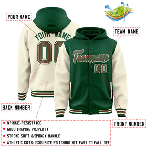 Custom Green Cream Raglan Sleeves Varsity Full-Snap Letterman Two Tone Hoodie Jacket