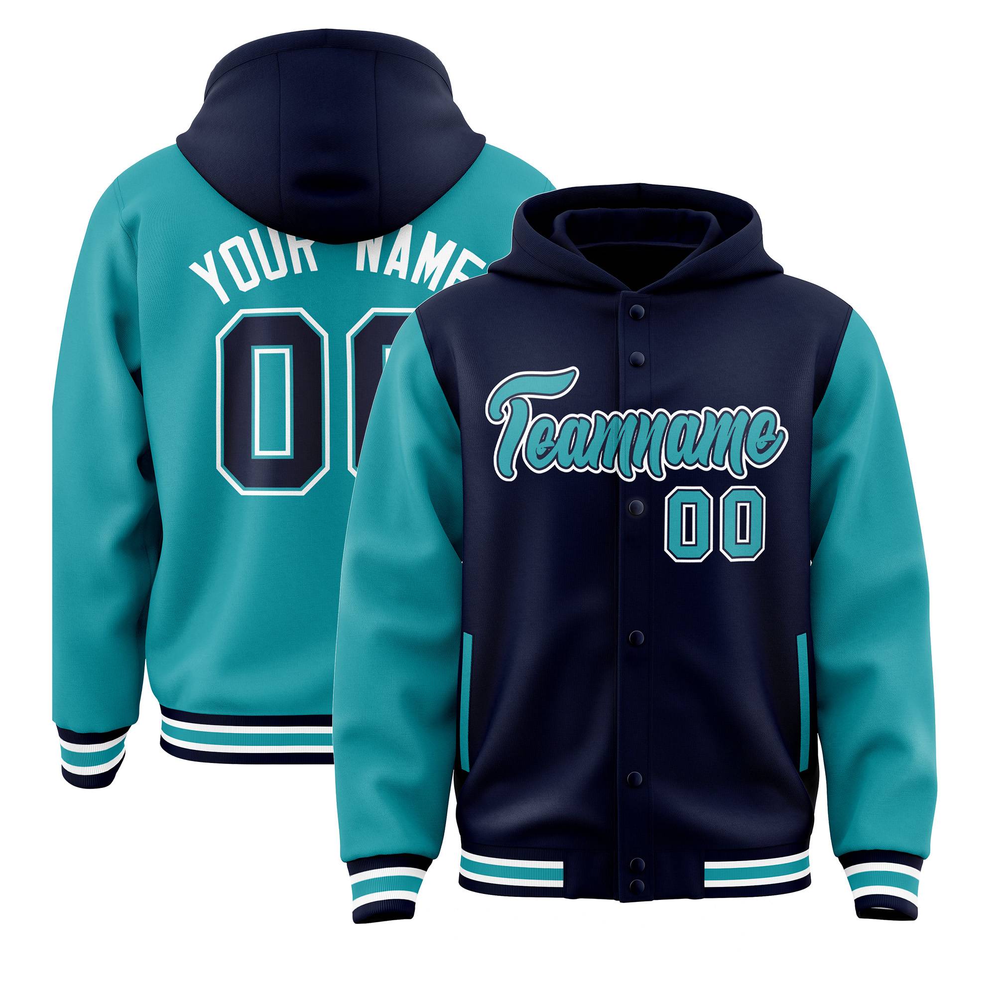 Custom Navy Aqua Raglan Sleeves Varsity Full-Snap Letterman Two Tone Hoodie Jacket