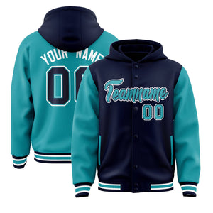 Custom Navy Aqua Raglan Sleeves Varsity Full-Snap Letterman Two Tone Hoodie Jacket