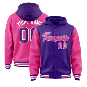 Custom Purple Pink Raglan Sleeves Varsity Full-Snap Letterman Two Tone Hoodie Jacket