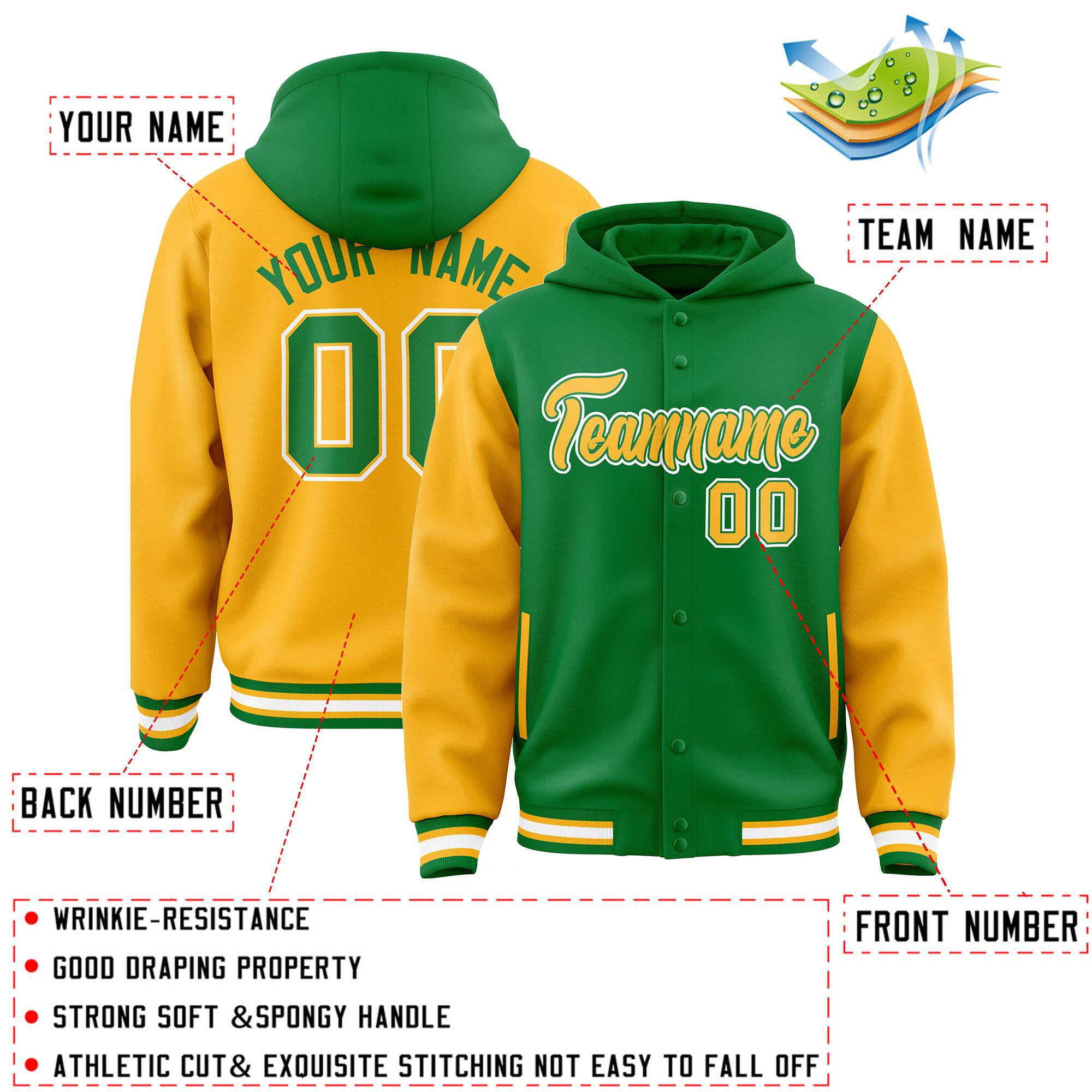 Custom Kelly Green Gold Raglan Sleeves Varsity Full-Snap Letterman Two Tone Hoodie Jacket